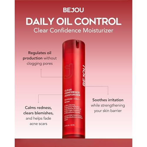 BEJOU Clear Confidence Moisturizer,Daily Oil Control Cream with Chontaduro, Camu Camu, Shiitake Mushroom, For Acne-Prone & Sensitive Skin,Dark Spots,Latin American Natural Retinol Alternative,1.7FL OZ