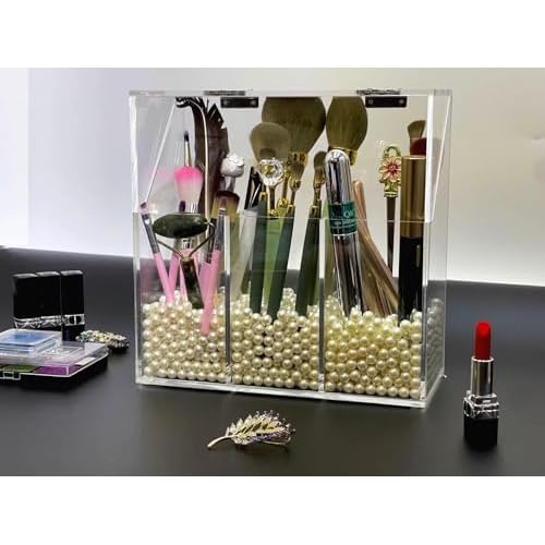 Acrylic Makeup Organizer,Clear Cosmetic Brush Storage Box With 3 Brush Holders,with Dust Cover, Large-capacity Split Design can Quickly Organize the Desktop (with3 bags of white pearls