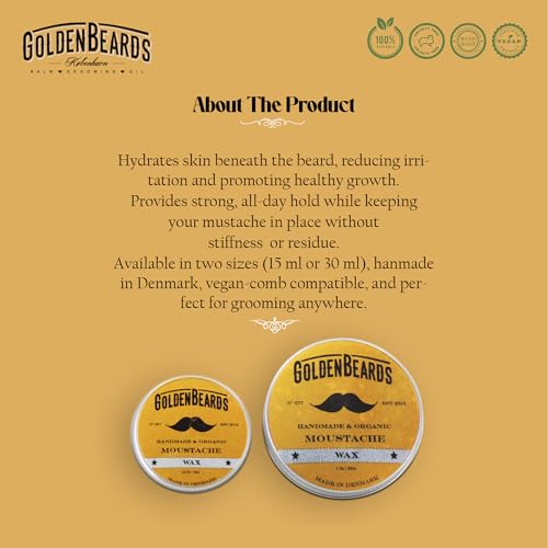 Golden Beards Mustache Wax ? Organic & Natural Medium Hold Styling Wax for Men, Nourishing Beeswax & Oils, Handmade in Denmark 30ml (1oz)