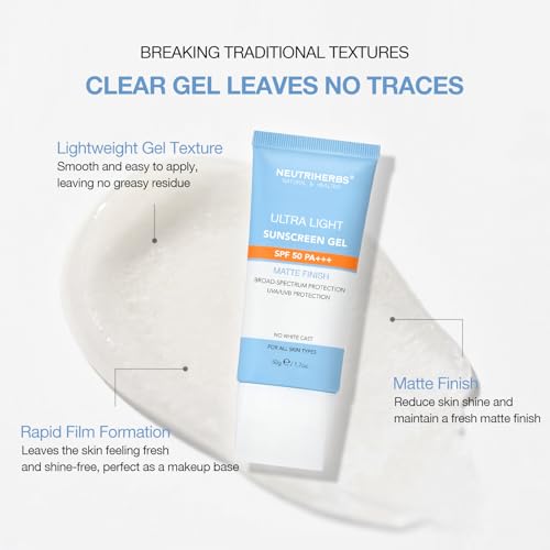 NEUTRIHERBS Upgraded SPF50 Clear Gel Sunscreen with Vitamin C, Lightweight Daily Sun Protector Block UVA/UVB, No White Cast PA+++ Broad-Spectrum - Travel Size 1.7 Oz