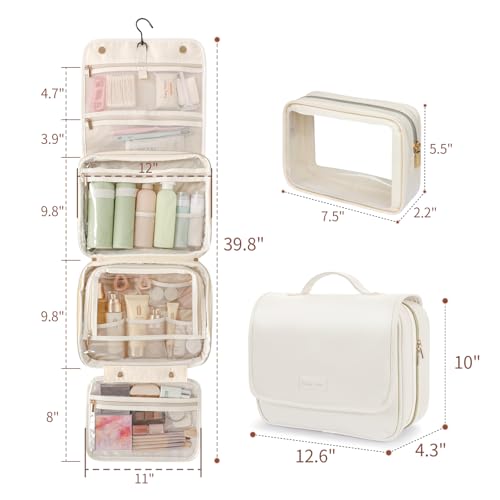 PACKISM Hanging Travel Bag for Traveling with Clear Makeup Bag - Soft Leather Waterproof Travel Toiletry Bag for Full-Sized Toiletries and TSA Approved Toiletry Bag, Off White (L)