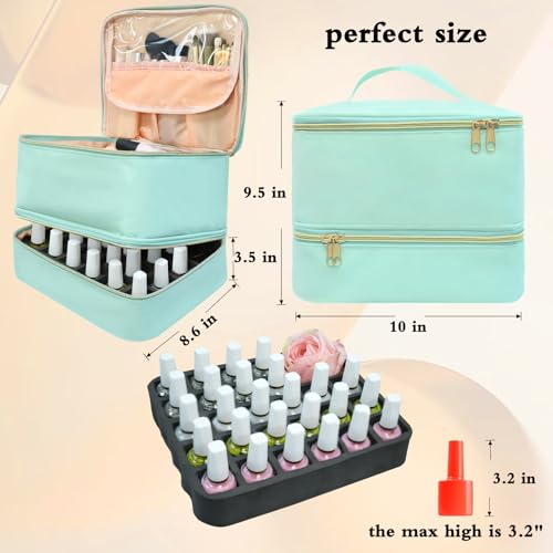 Nail Polish Organizer Bag, Double-Layer Nail Supplies Organizer Holds 30 Bottles & Nail Lamp, Professional Nail Kit Storage Make up Carrying Case (Green)