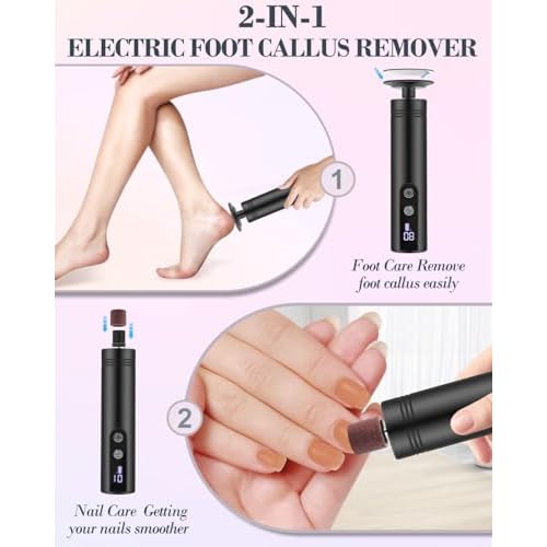 2 in 1 Electric Foot Callus Remover, 9 Speed Adjustable Foot Sander with LED Display, Electric Foot Grinder with 2000 mAh Rechargeable Battery, for Callus Removal, Replaceable Sandpaper Discs (Black)