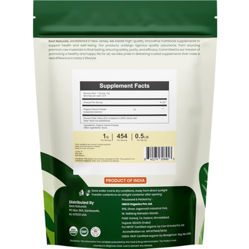 Best Naturals Certified USDA Organic Henna Powder, 227 Gram, Gluten Free, GMO Free, Vegan