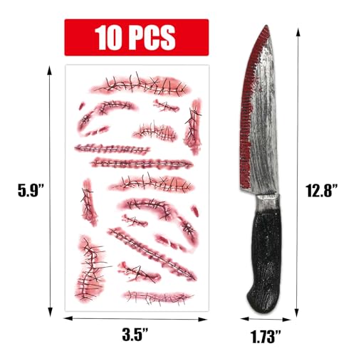 Chucky Makeup Kit Halloween Scars Fake Stitches Chucky Knife Toy Chucky Tattoo Halloween Face Scar Tattoo Temporary Chucky Costume Accessories for Halloween Party, Red
