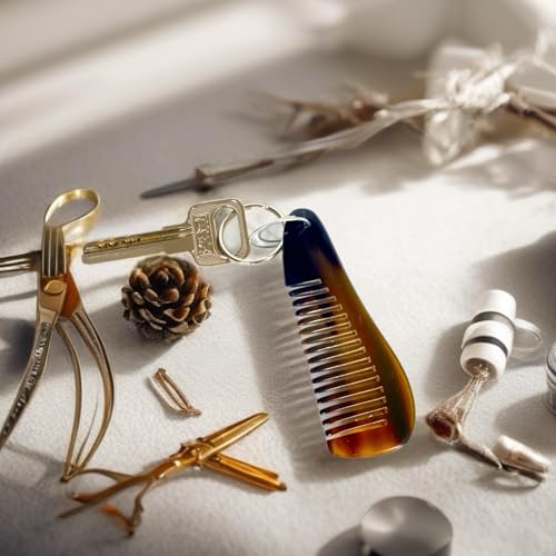 Buffalo Horn Beard Comb with Keyring, Handmade Natural Horn, Portable Anti-Static Grooming Tool for Men