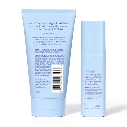 Flamingo Pubic Hair Shaving Skin Care Set, Exfoliating Shaving Gel for Women 5 fl oz with Restorative Post Shave Serum 1.7 fl oz