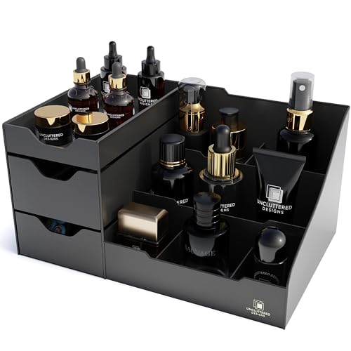 Uncluttered Designs Large Black Vanity Organizer - Countertop Mens Organizer With Drawers for Cologne, Deodorant, Beard, Shaving Lotion, Perfume & Skincare - Perfect for Bathroom & Bedroom Storage