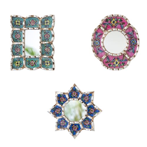Handmade Mirrors Set of 3 for Wall Decor - Silver Leaf Small Mirror Set - Turquoise, Blue, Fuchsia Accent Decor (6in)