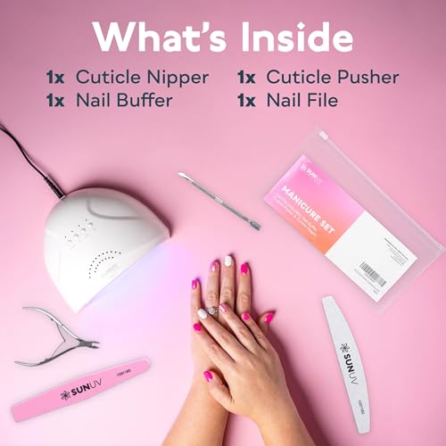 SUNUV UV LED Nail Lamp with 4PCS Cuticle Nippers, Cuticle Pusher with Nail File and Buffer Set, Professional Stainless Steel Durable Pedicure Manicure Nail Care Tools