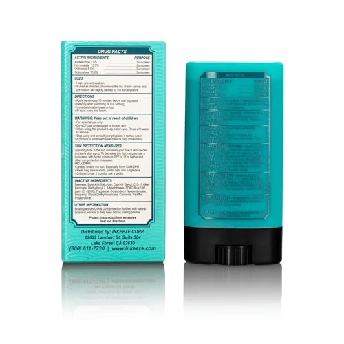 INK-EEZE Tattoo Sunscreen Stick SPF 50, Ink Shield, UVA/UVB Blocking, Dries Clear, Ozone Reef Friendly, Vegan, Made in USA, Coconut, 0.5oz Stick
