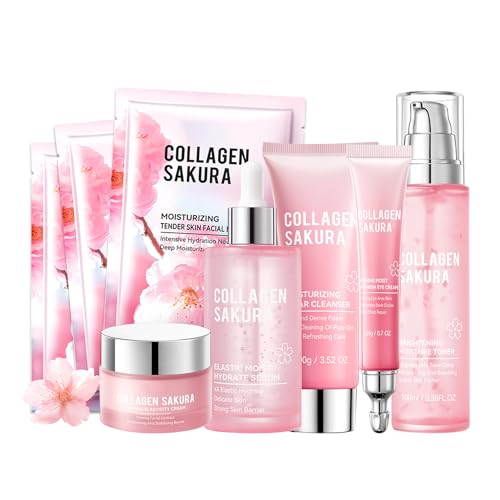 Sakura Skin Care Set,Moisturizing Skincare Kit with Face Cleanser,Facial Serum,Toner,Eye Cream,Face Cream and Hydrating Face Masks,Long-lasting Nourishing Skincare Set Facial Kit for Women£¨8pcs£©