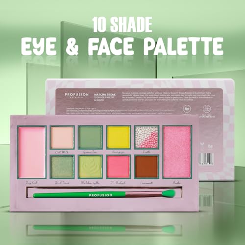 Profusion Cosmetics Matcha Break 10 Shade Eye and Face Palette with Brush, Multi Finish Palette to Achieve Eye Catching Bold Looks