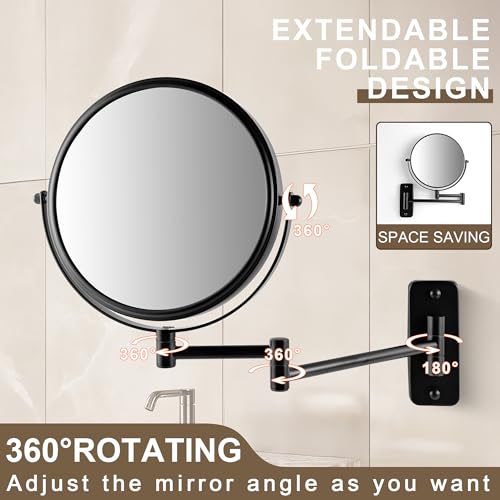 JANEEVA 8" Wall Mounted Makeup Mirror, 1X/10X Magnifying Mirror with 360¡Æ Extendable Arm, Double Sided Bathroom Vanity Mirror for Man & Woman (Matte Black)