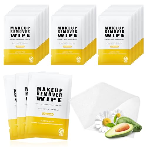 Pack of 50 Makeup Remover Wipes Individually Wrapped,Chamomile Scent,Face Cleansing Wipes Bulk, Travel Towelette Makeup Remover Cloth for Face Cleansing Skin Care Remove Makeup
