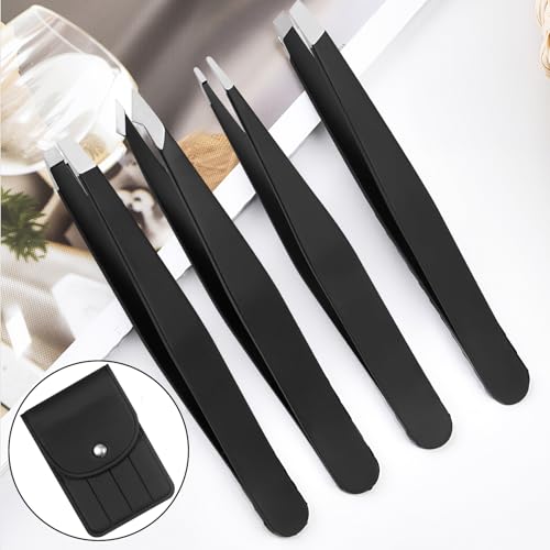 [4+1 Pack] Precision Tweezers Set with Travel Case, Professional Stainless Steel Eyebrow Tweezers for Women & Men, Multi-Purpose for Facial Hair & Ingrown Hair Removal