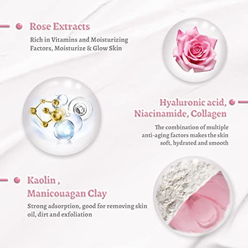 ANAI RUI Rose Facial Mask, Deep Cleansing, Clay Mask with Kaolin Pink Clay, Gifts for Women, Niacinamide, Collagen, Hyaluronic Acid for Moisturizing & Smooth Skin, Pores Minimizers, 4.23 Oz