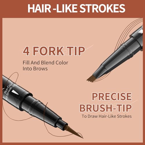 4-Fork Tip Microblading Eyebrow Pen - 2-in-1 Waterproof Eyebrow Pencil, Long-Lasting Natural Hair-Like Brows, Smudge-Proof & Easy to Use (01#Light Brown)