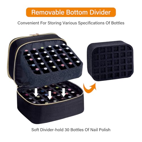 Nail Polish Organizer Bag Double Layer Capacity Portable Travel Storage Case Holds 30 Bottles (15 ml/0.51 floz) Nail Supplies Holder Bag Designed for Nail Tools Black