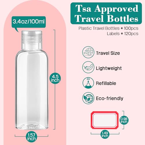50 Pack Empty 3.4 oz Travel Bottles Tsa Approved Leakproof Plastic Squeezable Small Bottles for Toiletries Liquids Travel Essentials with Black Flip Cap