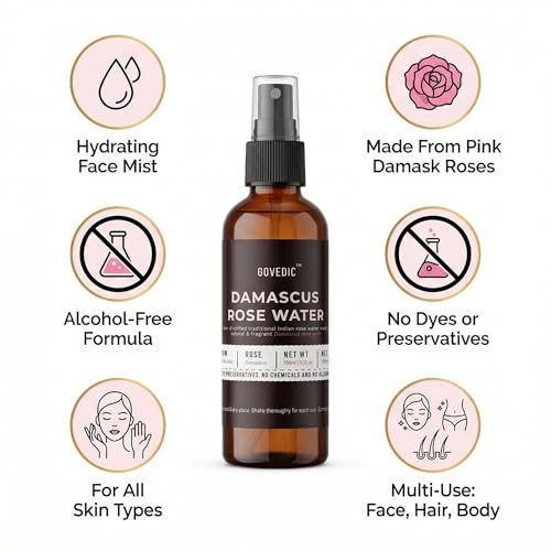Govedic Rose Water Spray 100ml | Damask Rose Hydrating Face Mist & Toner | Natural Alcohol-Free & No Dyes for All Skin Types | Multi-Use Hydration for Face, Hair & Makeup Setting