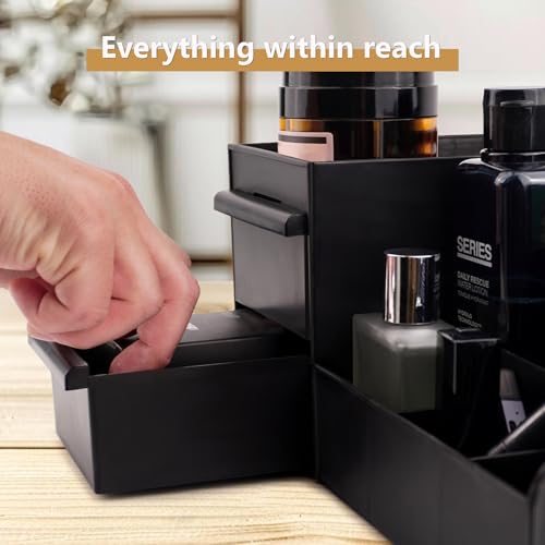 Black Vanity Organizer with Drawers ? Large Mens Countertop Storage Box for Cologne, Skincare, Makeup, Perfume ? Waterproof Dresser Organizer for Bathroom, Bedroom, Desk