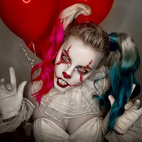 2 Pcs Clown Face Gems Makeup Stickers Day of the Dead Clown Face Jewels 3D Gemstone Face Stickers Dark Horror Style Rhinestone Glitter Temporary Tattoos for Halloween Carnival Party Decoration