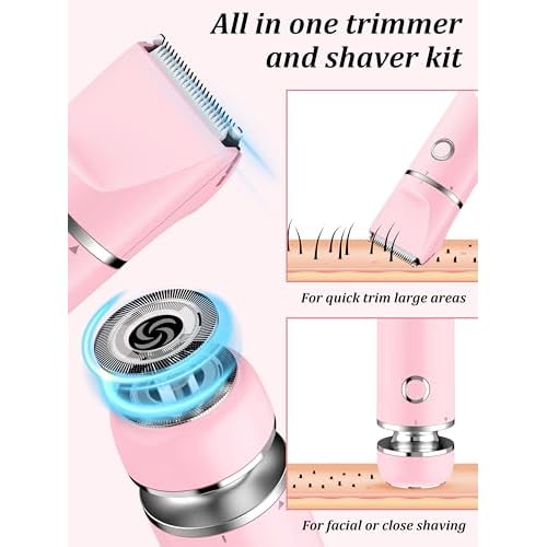 Bikini Trimmer and Shaver Kit for Women - 2-in-1 Wet/Dry Electric Body Hair Trimmer Facial Hair Removal Cordless Waterproof Bikini Shaver Razor for Face Lip Chin Pubic Underarm Legs