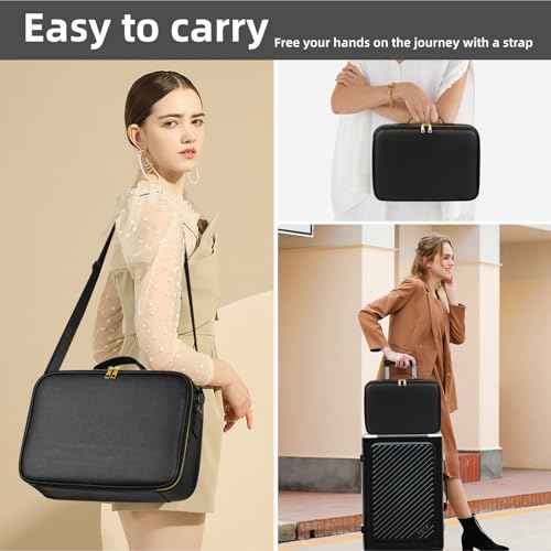 15¡°¡¿11¡°Professional Makeup Train Case,Large Waterproof Travel Makeup bag with Mirror and Light, Leather Black Make up Bag with Mirror and Light,Led Makeup Case with Adjustable Dividers