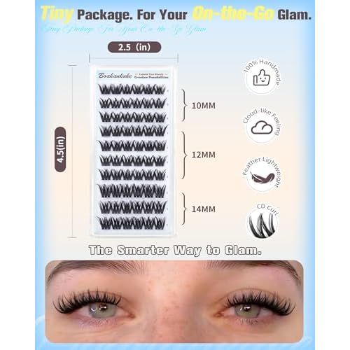 Lash Clusters Wispy Cluster Eyelash Extensions 10-14MM Short Eyelash Clusters CD Curl Individual Lashes DIY Volume Cluster Lashes Thin Band Lash Extensions for Travel-Size