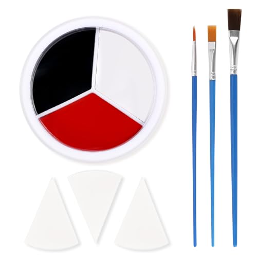 3 Colors Face Body Paint + 3pcs Sponge + 3pcs Brush, ¡¼Full Coverage¡½¡¼Skin Friendly¡½¡¼Long Lasting¡½, Professional Paint Makeup Product For Halloween/Masquerade/Cosplay/Movie Makeup, Black+White+Red