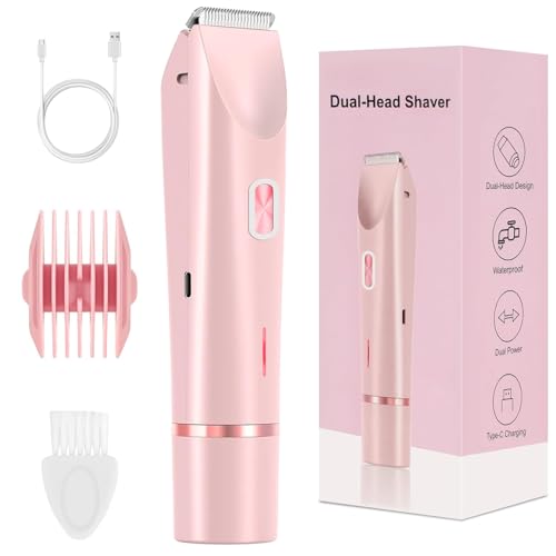 QNHMPW Bikini Trimmer for Women,Electric Razors for Women,2-in-1 Dual Head Shaver- Wet/Dry Shaver Groomer, Waterproof Hygiene Razor Used for Face, Underarm, Leg, Bikini Area(Pink)