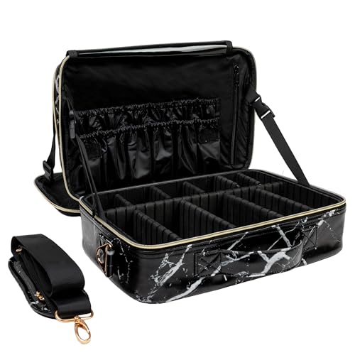 Carrywell Makeup Bag Travel Case, Not-Made In China, Hard Train Case for Cosmetics, Portable Beauty Artists Organizer, Storage Box With Adjustable Dividers For Make Up and Brushes, Medium Marble