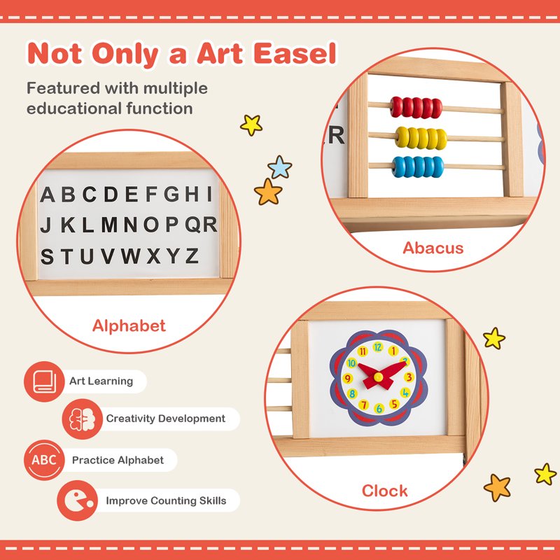 Kids Wooden Art Easel with Double Sided Chalkboard & Whiteboard, Paper Roll & Storage Tray