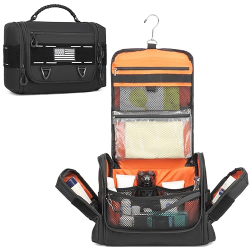 Tactical Toiletry Bag for Men - Hanging Mens Toiletry Travel Bag Shower Bathroom Organizer for Traveling, Shaving & Toiletries Kit, Portable Hygiene Bag with Handle & Swivel Hook, Black