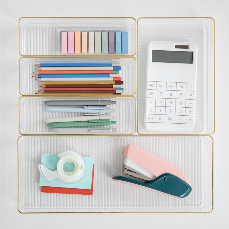 Stackable Drawer Organizers Set of 5 with Gold Trim - Clear Plastic, Various Sizes