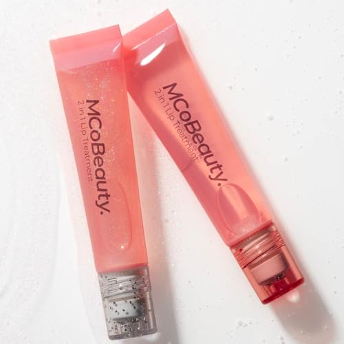 MCoBeauty - Glow and Treat 2-in-1 Lip Treatment - Birthday Cake Scent - Moisturising Lip Oil with Squalane and Roller Ball Applicator - Glossy Shine Finish - Stocking Stuffers for Teen Girls - 10ml