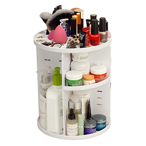 MobileVision Makeup Organizer Rotating Tabletop Cosmetic & Toiletry Holder Adjustable Shelving for Brushes, lotions, perfumes, Nail Polish, Skin Care & More, White