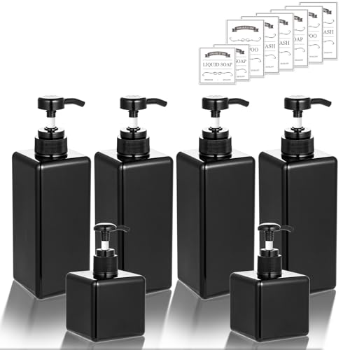 6 Pack Shampoo and Conditioner Dispenser Bottles, 4 Pack 22 Oz & 2 Pack 8 Oz Refillable Square Plastic Pump Bottles for Dispensing Lotions, Shampoo, Conditioner, and Body Wash (Black)