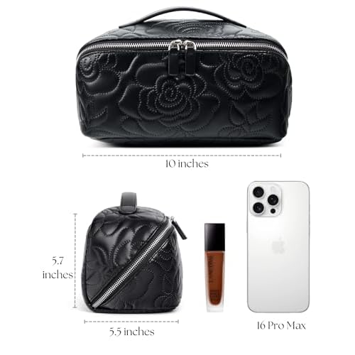Popvibe Open Flat Makeup Bag Travel Cosmetic Case for Women, Large Capacity Toiletry Travel Bag with Zipper, Portable Aesthetic Floral Make Up Organizer Pouch with Dividers & Handle, Black, Large