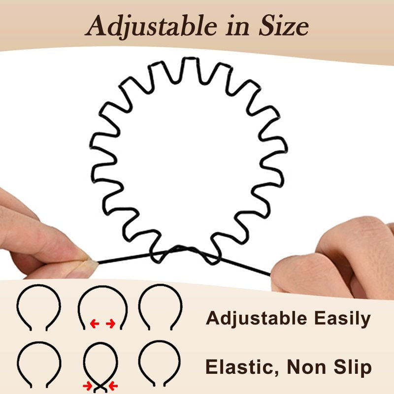 Metal Wavy Headbands for Women & Men - Adjustable, Non-Slip Hair Bands, 6-Pack