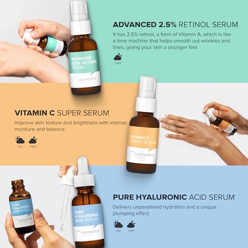 Cosmedica Skincare Facial Serum Trio Set Value for Clear Skin - Vitamin C Super Serum, 2.5% Retinol Serum, Pure Hyaluronic Acid Serum ? Vegan, Cruelty-Free Skincare 3 pack