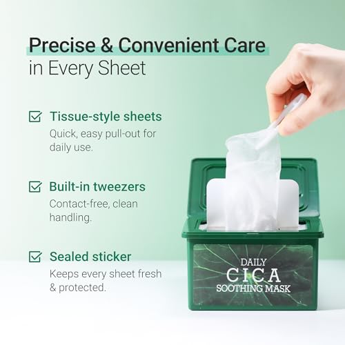 tenzero Daily Cica Soothing Mask (30 Sheets), Calming, Redness Soothing & Hydrating Face Mask, For Sensitive Skin with Centella Asiatica, Plant-based Cellulose Mask, For Daily Use, Korean Skincare