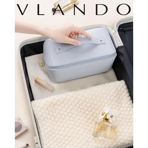 Vlando Makeup Bag,Large Capacity Toiletry Bag for Women Waterproof Portable Make up Pouch PU Leather Open Flat Cosmetic Bag(Baby Blue)
