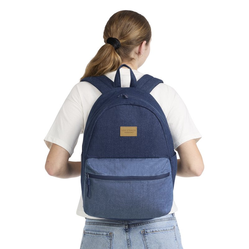 Unisex 17-Inch Denim Backpack with Colorblock Design for School & Travel