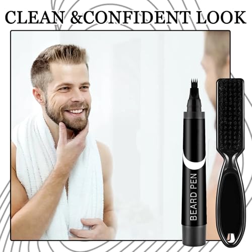 Beard Pencil Filler for Men, Waterproof High Coverage Beard Pen Kit with Beard Brush,Sweatproof Long Lasting Mustache Eyebrows Repair Pen with 4 Micro-Fork Tips£¨Black£©