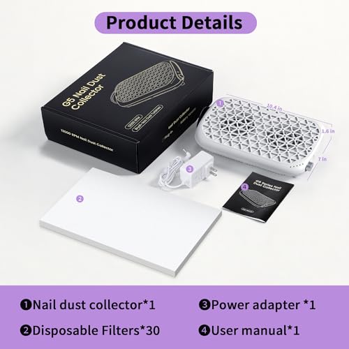 Cordless Dual Turbine Nail Dust Collector Nail Tech, 2000Pa Rechargeable Nail Fan Dust Collector with Dual 12000RPM Motors, Professional Nail Dust Collector Nail Tech for Acrylic & Gel