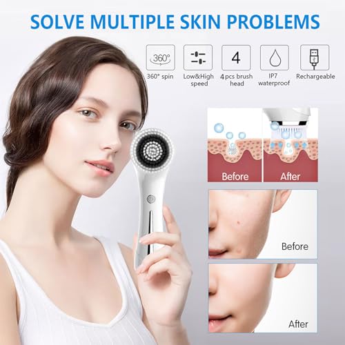 Facial Cleansing Brush, Electric Facial Brush with 4 Different Brush Heads for Deep Cleansing, Gentle Exfoliating, Removing Blackhead and Massaging£¨White£©