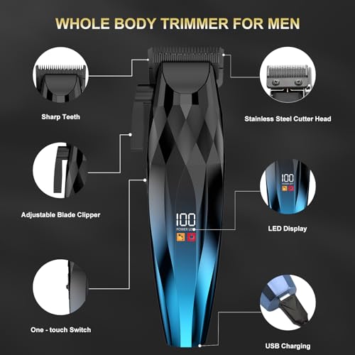 2-in-1 Professional Hair Clippers Set,Cordless Hair Clippers and T-Blade Trimmer Kit for Men,LCD Display,USB Rechargeable,Adjustable Guards,Waterproof,Beard & Body Grooming Kit (Blue)