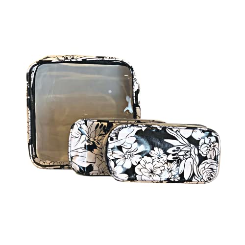 Alux 3-Pc Travel Makeup Bags for Women; Multi-Color, Chic and Stylish Travel Toiletry Bag Set; Large and Medium Makeup Bags for Vanity and Luggage and Small Makeup Bag for Purse - Chrysanthemums Gold